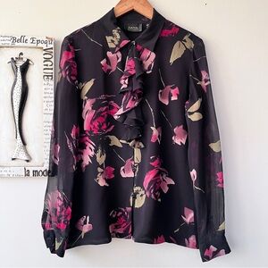 Dana Buchman 100% Silk Floral Sheer Whimsigoth Ruffle Blouse Size 6